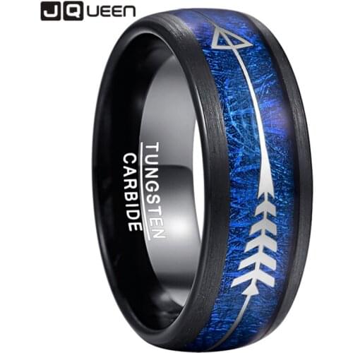Jqueen 8MM Arrow-Shaped Tungsten Carbide Ring Inlaid Blue Imitation Meteorite Wedding Bands Black Dome Rings Men Jewelry