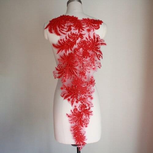 Red Beaded Sequin Embroidery Lace Cloth Applique Flower Cheongsam Evening Dress Diy Accessories RS3080