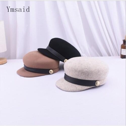 Lady Visors Hat Autumn Winter Round Buckle Belt Decorated 100 % Wool Fedoras Cap Female British Fashion Beret Retro Military Cap