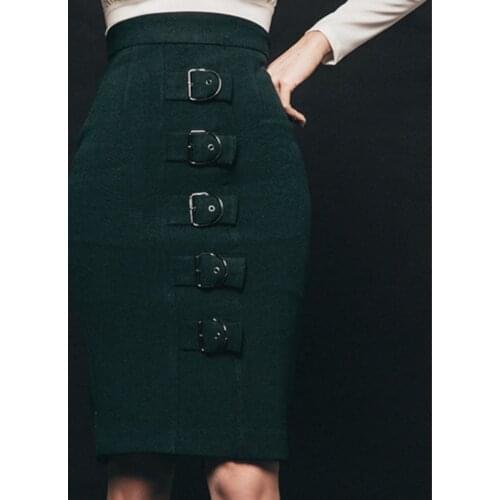 Fashion Sexy Bodycon Knee-Length Pencil Skirt Big Buckle Decoration Slim Fit Hip Package Women Bandage Skirts Spring 2018
