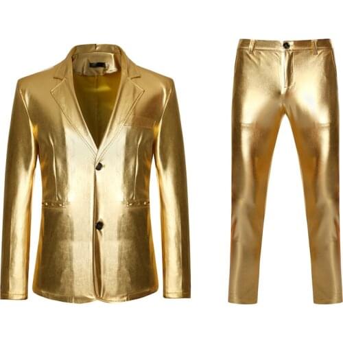 Mens 2 Pieces Gold Coated Metallic Suits With Pants Black Slim Fit DJ Club Party Stage Wedding Dress Suit Men Terno Masculino