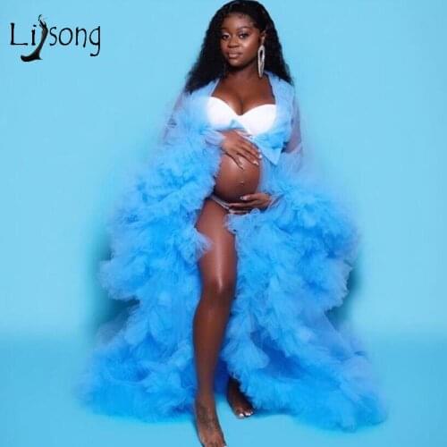New Arrival Pregnant Prom Gowns Blue Ruffles Tulle Long Robes Women 2020 Transparent Kimono Puff Full Sleeves Cape Cloak