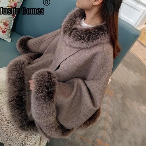 Top Popular Natural Classic Loose Cozy Wool Cloak Fox Fur Coat High Quality Fabric Woman Coat 2020 Autumn Winter Warm Outwear
