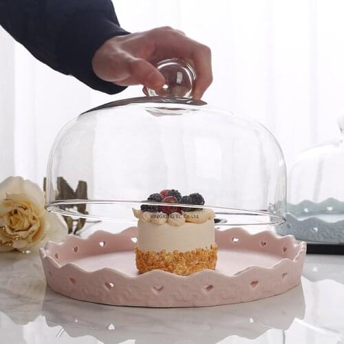 Transparent Glass Cover Cake Plate Ceramic Tableware Bread Plate Fruit Plate Dessert Table Display Stand Restaurant Supplies