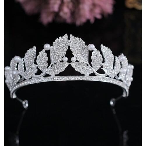 Baroque Luxury Crystal Leaf Rhinestone Crown Pearl Tiaras Gold Headband Bride Headdress Wedding Hair Jewelry Headpeice For Women