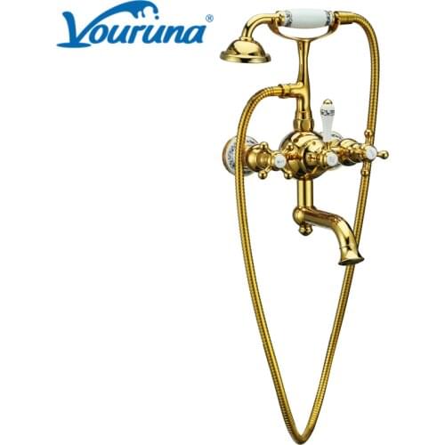 VOURUNA Luxury Golden Victoria Style Wall Mounted Bathtub Faucet Tub Filler Mixer Tap With Telphone Hand Shower