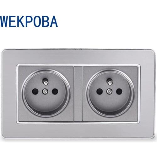 WEKPOBA S08 Series Stainless Steel Brushed Panel French / Polish Wall Socket With Dual USB Charging Port Grey Color