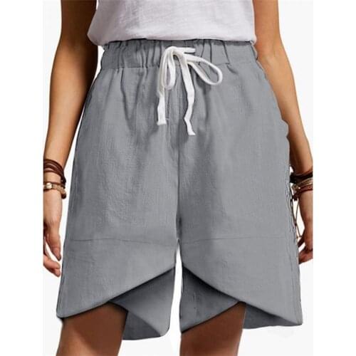 Solid Color Shorts Women Summer Drawstring Waist Loose Wide Leg Shorts for Women Irregular Hem Knee-length Shorts Femme Shorts