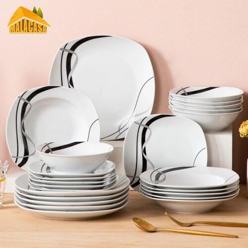 VEWEET FIONA 24-Piece Ceramic Black Plate Combi-Set Porcelain Tableware Set of Bowls/Dessert Plates/Soup Plates/Dinner Plates