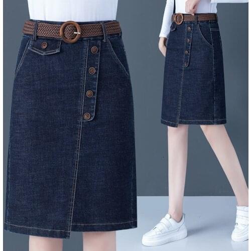 2021 Women Spring Elegant Denim A-line Skirts Female Sashes High Waist Package Hip Faldas Lady Casual Solid Plus Size Skirt K279