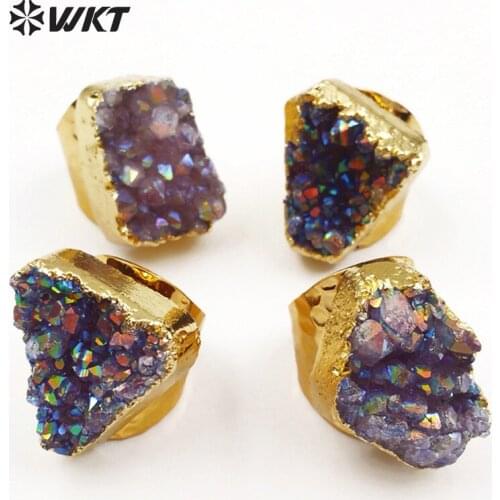 WT-R304 WKT Wholesale Natural stone women rings irregular purple aura stone with gold color plated classic style cocktail rings