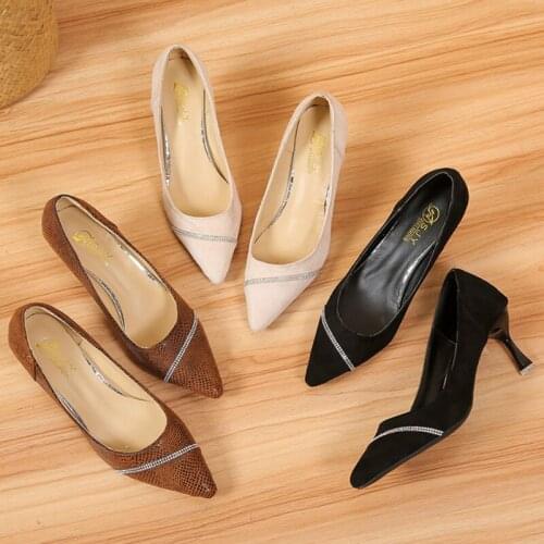 Woman Concise Office Shoes Fashion Pointed Toe Women Pumps Flock Shallow High Heels Womens Party Shoes W32-41