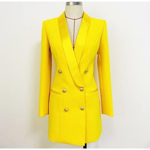 HIGH QUALITY Newest 2021 Designer Long Blazer Lion Buttons Double Breasted Satin Shawl Collar Blazer Dress Fluorescent Yellow