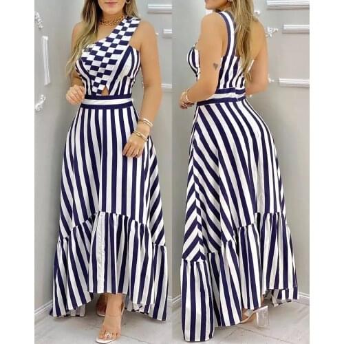 2021 Summer New One-shoulder Striped Sleeveless Womens Fashion Slant Collar Elegant Hollow High Waist Striped Dress