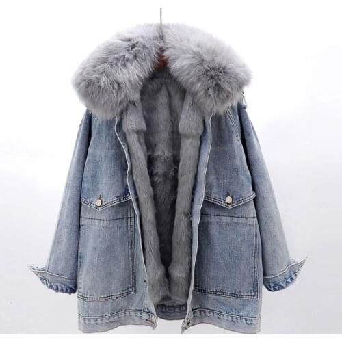 Winter Fox Fur Collar Denim Jacket Women Parkas Removable Rabbit Fur Liner Warm Jeans Coat Fashion Streetwear Outerwear H1097
