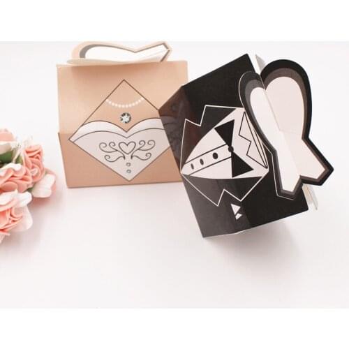 50pcs/lot=25Pair Beautiful White Bride Dress And Black Groom Suit Couple Wedding Candy Box Special Wedding Favor Candy Gift Box