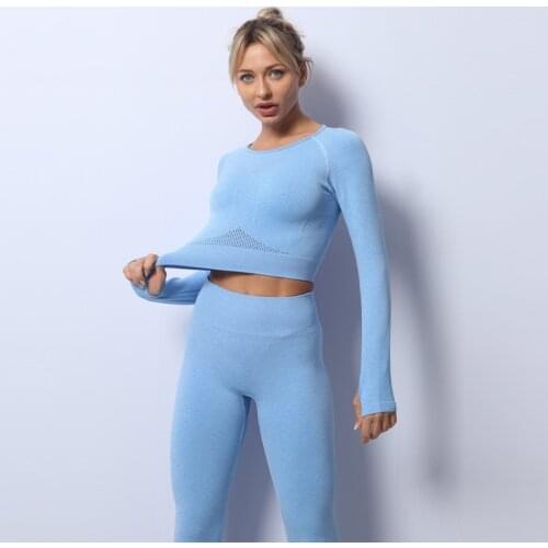 Seamless Women Yoga set Sexy Hollow Out Gym Suit Long Sleeve Mesh Fitness Clothing Workout Wear Running Clothes Tracksuit XL