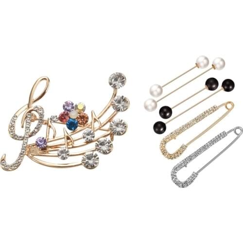 Music Brooch Elegant Style with Rhinestones Treble Clef Pin Brooches with 6 Pieces Sweater Shawl Clips Set