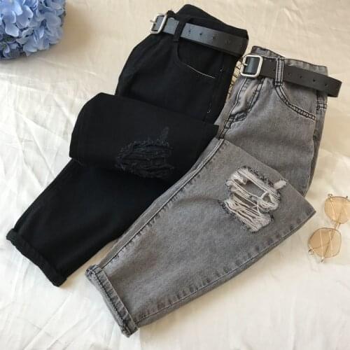 Vintage Streetwear Women Straight Hole Denim Ripped Jeans Loose Casual Harem Pants Black High Waist jeans woman black jean