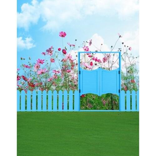 Pink Flowers Lawn Blue Fence Photography Backdrops Photo Props Studio Background 5x7ft