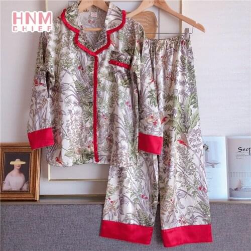 HNMCHIEF Female Pyjamas Nightwear Long Sleeve 2 PCS Elastic Waist Sleepwear Womens Pajamas Sets Floral Printing Spring Homewear