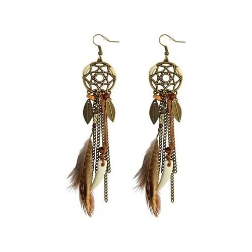 Round Retro Womens Dream Catcher Handmade Long Tassel Feather Earrings Female Leaves Pendant Earring Kolczyki Boho Jewelry