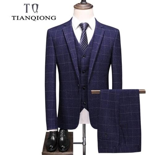Brand Man Suits Wedding Fashion Plaid Suits for Men Costume Homme Luxe Slim Fit Blue 3 Pieces Mens Suits Formal Dropshipping