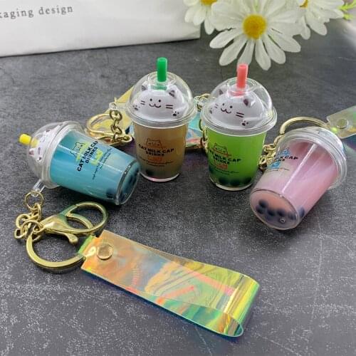 New Milk Tea Cup Liquid Quicksand Sequin Key Ring Cartoon Cat Keychain Car Bag Pendant Key Chains for Women Men Kids Gifts