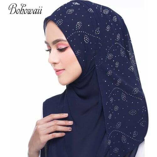 BOHOWAII New Muslim Scarf Hijabs Chiffon Turbantes Cabeza Para Las Mujeres Diamonds Headscarf Musulman Foulard Femme Cheveux