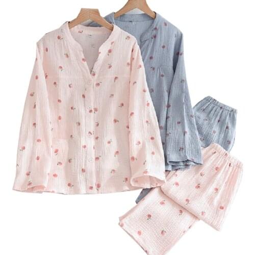 2021 Spring New Ladies Washed Crepe Sweet Cartoon Peach Printed V-Neck Woven Cotton Gauze Pajamas Set Women Full Sleeve Homeware