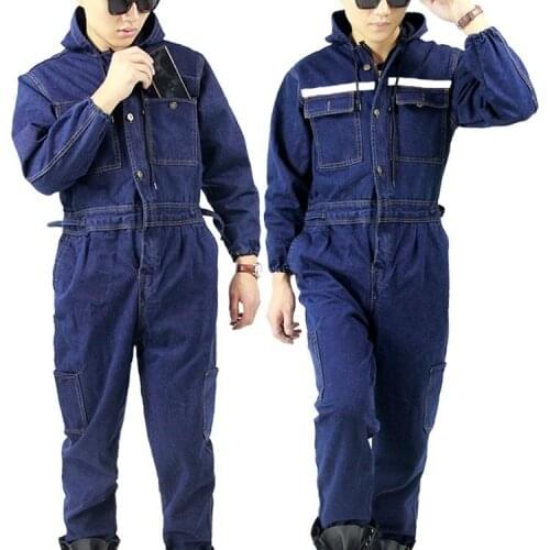Plus size for 6XL Winter Men Denim Working Overalls Male Work Wear Uniforms Clothes Hooded Jumpsuits For Worker Repairman