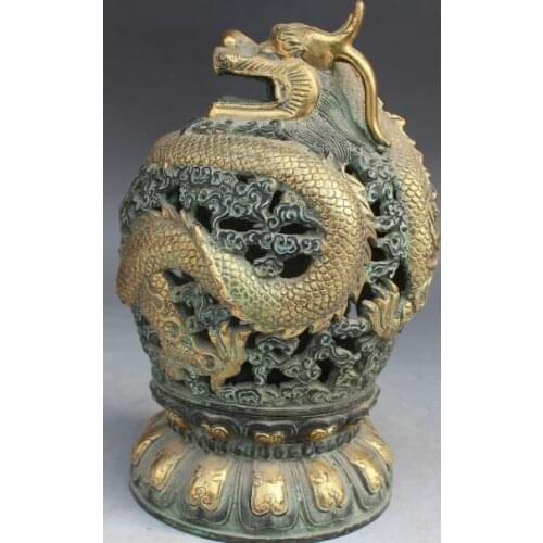 S4778 7" Marked Chinese Bronze Gilt Zodiac Year Animal Dragon Incense Burner Censer
