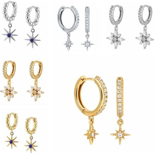 925 Sterling Silver Star Pendant Hoop Earrings for Women Simple Gold Color CZ Crystal Earrings Korean Fashion Banquet Jewelry