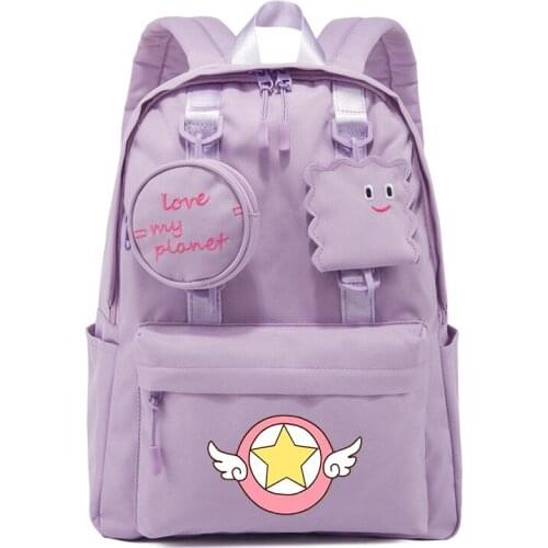 SAKURA Card Captor Kawaii Gilrs School Bags With Coins Bags Cartoon Purple Women Travel Backpack Lovely Bookbag Laptop Bagpack