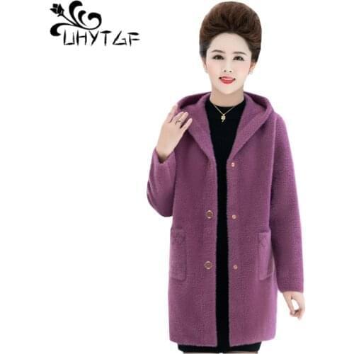 UHYTGF Winter Coat Women Quality Mink Fleece Autumn Wool Jacket Fashion Double-Sided Woolen Hooded Warm Outerwear Plus Size 1135