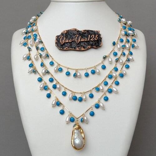 YYGEM 3 Strands 19'' White Rice freshwater Pearl Blue Enamel Chain Necklace gold color Chain white keshi pearl pendant