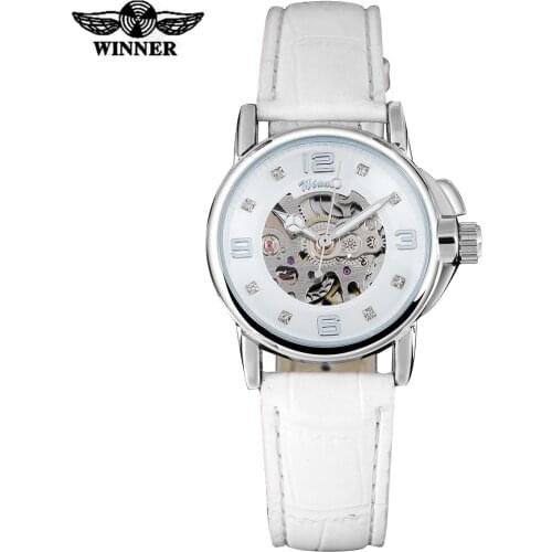 WINNER brand women watches skeleton mechanical watch white leather band ladies simple fashion casual clock relogio femininos