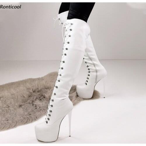 Ronticool Handmade Women Winter Knee High Boots Side Zipper Stiletto Heel Round Toe Pure White Shoes Women Plus US Size 5-20
