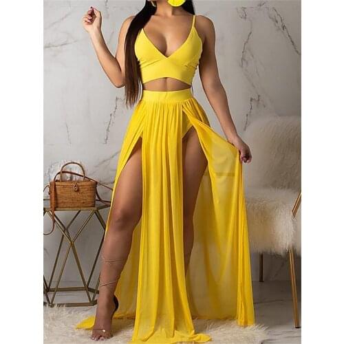 Women Sexy Yellow Solid Sleeveless V-Neck Holiday Two-Piece Suit Set Spaghetti Strap Crop Top & Maxi Slit Skirt Sets