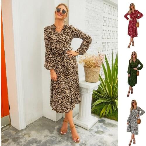 Cotton Dress Woman Urban Medium Length Long Clothes Leopard Print Corset Temperament Commuting V-neck Sleeve Elegance Womens