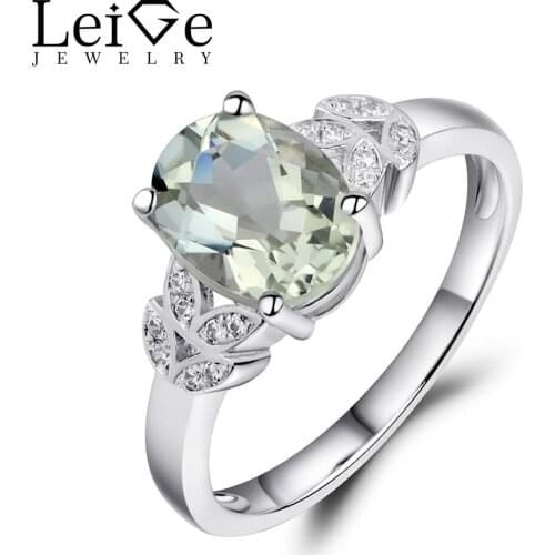 Leige Jewelry Wedding Rings for Women 925 Sterling Silver Natural Green Amethyst Ring Oval Cut Prong Setting Anniversary Gift