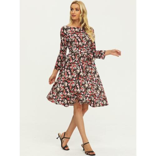 S.FLAVOR Women Floral Print Autumn Dress French Style O-neck A-line Retro Vestidos De Vintage Pleated Chic Midi Dresses Clothes