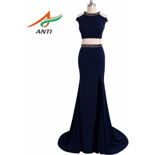 ANTI Fashion Dark Blue Mermaid Prom Dresses Long 2018 O-Neck Rhinestone Vestidos De Festa Elegant Party Formal Gowns New