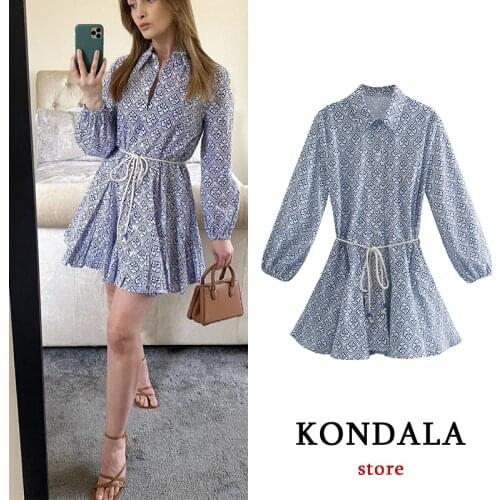 KONDALA Za Womens Dress Vintage Floral Print Sashes Mini Dress Long Sleeve Ruffles A-Line Dresses Female Fashion 2021 Vestidos