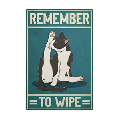 Bathroom Fun Tin Sign Vintage Flower Cat Remember to Wipe Bathroom Toilet Bar Club Cafe Wall Decoration 12x16 Inches