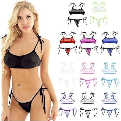 2Pcs Sexy Women Mesh See Through Sheer Lingerie Mini Bikini Bathing Suit Self-tie Micro Bra Top + G-String Thong Briefs Swimsuit