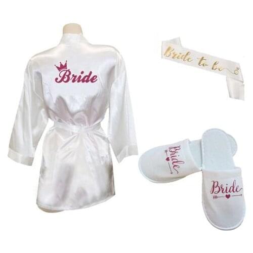 3pc set of rose gold foil printing bride satin short robe women slippers sash getting married Bridal Party 2019 kimono robes