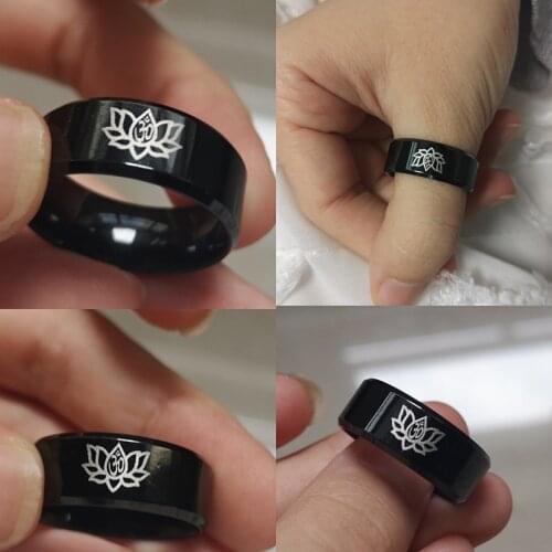 8mm Black AUM OM Ring Stainless Steel Hinduism Yoga India Lotus Men Women Religious Jewelry