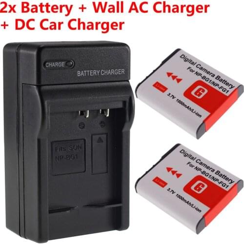 2-Pack NP-BG1/FG1 Battery + Home&Car Charger for Sony CyberShot HDR-GW77 DSC-H3 H7 H9