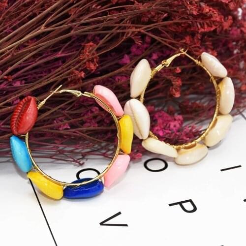 Bohemian Unique Summer Beach Colorful Shell Shape Hoop For Women Girls Big Geometric Circle Earrings Female Bijoux Jewelry 2021
